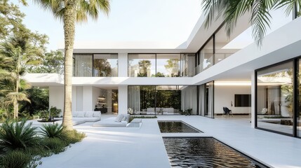 A sleek contemporary white villa with a minimalist design, large glass walls, palm trees, and a peaceful courtyard with a water feature