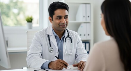 Doctor consulting female patient in bright medical office. Healthcare professional with stethoscope providing geriatric care. Medical consultation in modern clinic with natural light.