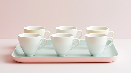 A set of white ceramic cups and saucers arranged on a pastel-colored tray pic