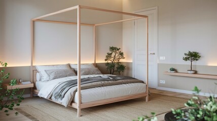 Minimalist bedroom featuring a light wood frame canopy bed, soft bedding, subtle lighting, and indoor plants for a serene atmosphere.