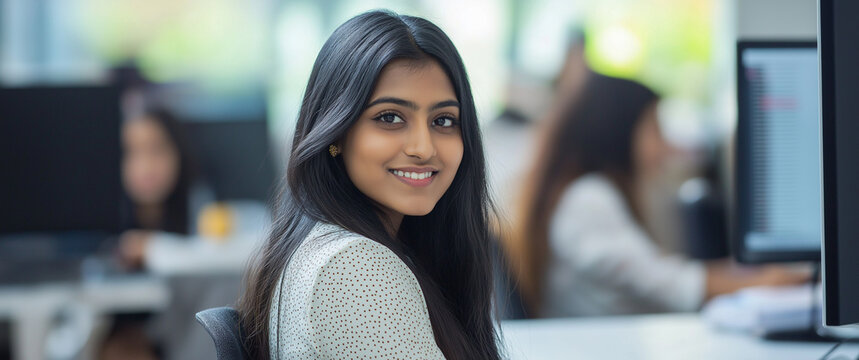 Young Indian woman coding in Python at her desk in a busy workspace, showcasing focus, productivity, and modern technology in a dynamic work environment