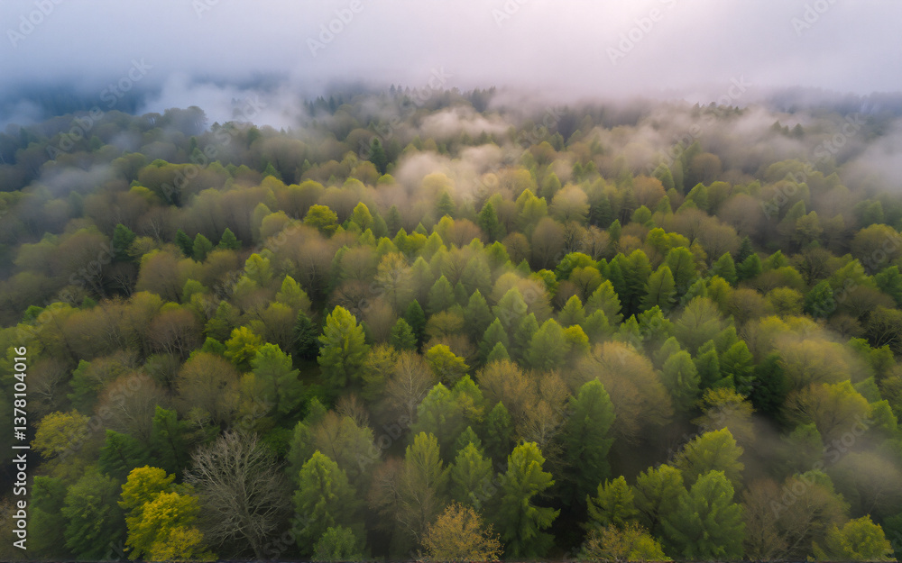 Poster an aerial view showcases a dense, green forest partially obscured by a layer of fog, creating a sere