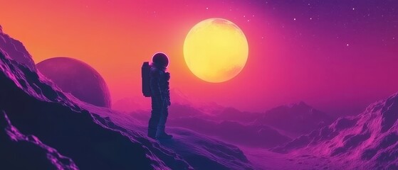 An astronaut exploring a vibrant alien landscape under a sun.