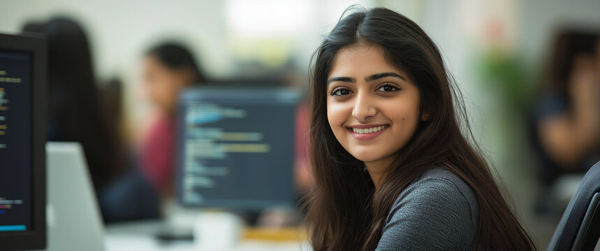 Young Indian woman coding in Python at her desk in a busy workspace, showcasing focus, productivity, and modern technology in a dynamic work environment