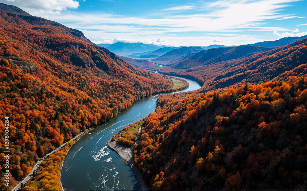 Poster aerial view of a winding river flows through a valley dressed in autumnal colors. orange and red tre
