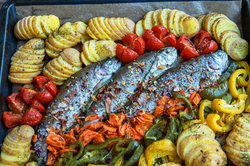 Delicious baked rainbow trout fish with spices and colorful vegetables, baked on a tray, creating a vibrant, healthy dish. 