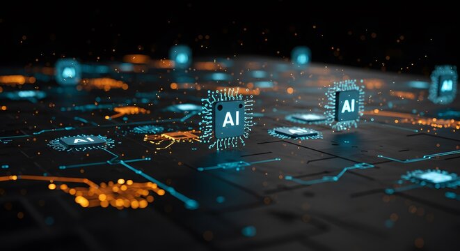 A dynamic simulation of AI algorithms learning and evolving over time in a digital space