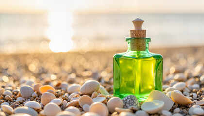 Eucalyptus oil bottle glowing by shells at beach, nature's serenity