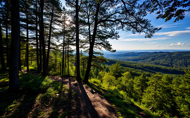 Obraz premium Sunlight streams through tall forest trees, casting long shadows on the trail. A scenic vista of mountains and sky unfolds beyond the woods.