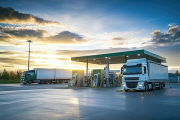Biofuel filling station with trucks in the background. AI generated illustration.