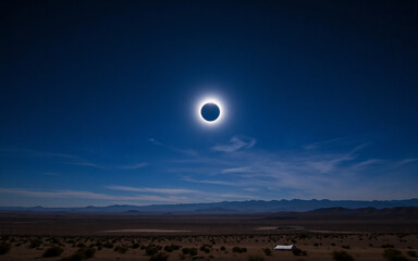 A total solar eclipse illuminates the sky as a dark ring with a bright corona, contrasting against a desert landscape under a blue atmosphere.