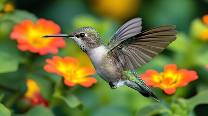 Fototapeta premium Hummingbird Hovering Near Vibrant Blooms of excellence in splendor beyond compare with grace