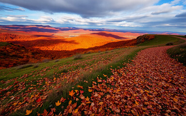 A scenic autumn vista unfolds, showcasing vibrant fall foliage blanketing rolling hills under a dramatic, cloudy sky. A leaf-strewn path winds through the landscape.