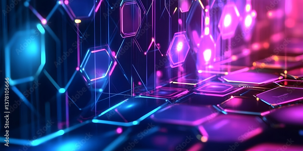 Poster futuristic hexagonal patterns illuminated with vibrant light beams creating an immersive digital exp