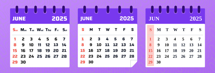 June 2025 Calendar Template. Modern and Elegant Business Planner. Set of june 2025 calendar. Great for diaries, event planning, and corporate schedules. Vector illustrations