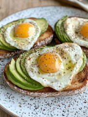Three slices of toast with avocado and eggs on top