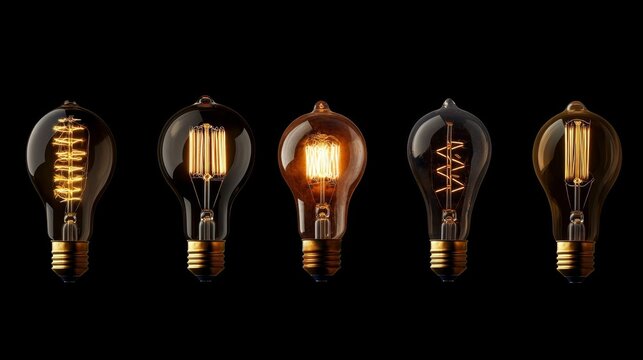 Vintage Edison light bulbs glowing in a row on black background in studio shot.