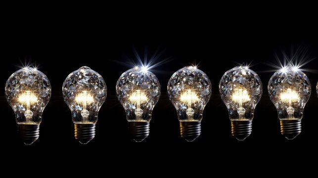 Vintage Edison light bulbs glowing in a row on black background in studio shot.