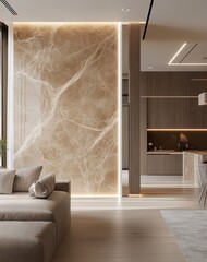 Elegant living room bathed in warm light. Beige marble walls, plush seating, and rich wood floors create a luxurious, inviting space