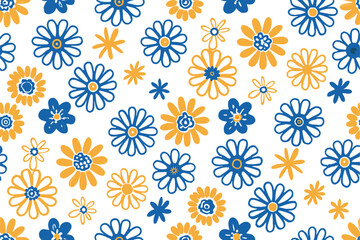 Colorful cute hand drawn flower seamless pattern background blossom, love, vintage, textile,  fashion, contemporary, feminine  design.