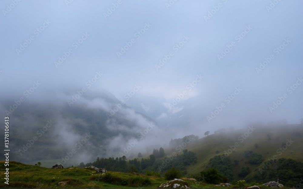 Poster misty mountain valley view. foggy weather obscures distant peaks. green hillsides and scattered tree
