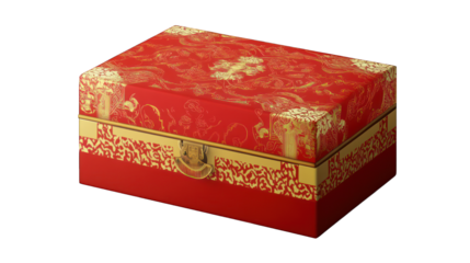 A traditional Chinese red gift box with gold accents, perfect for festive occasions on a transparent background 