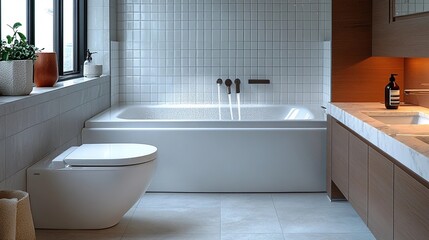 Water - wise Oasis: Modern Bathroom Showcasing Efficient Water - saving Fixtures