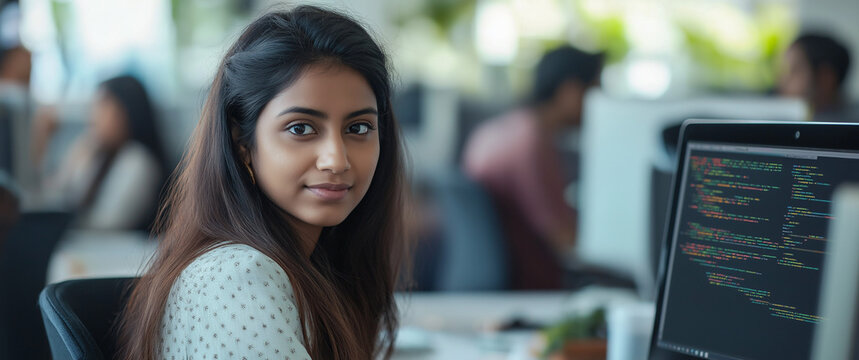 Young Indian woman coding in Python at her desk in a busy workspace, showcasing focus, productivity, and modern technology in a dynamic work environment