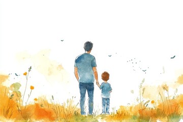 Fathers' Day card with cute watercolor sketch illustration of dad with son standing together, copy space for poster or social media, Generative AI