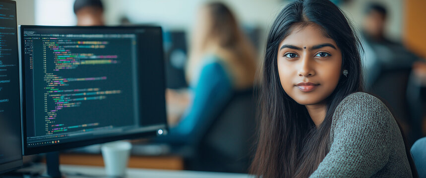 Young Indian woman coding in Python at her desk in a busy workspace, showcasing focus, productivity, and modern technology in a dynamic work environment