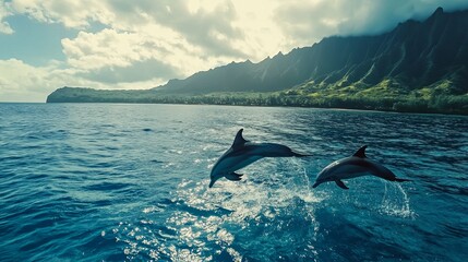 Fototapeta premium A pair of dolphins leaping from turquoise waters against a tropical backdrop pic