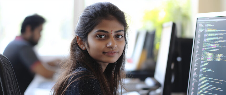 Young Indian woman coding in Python at her desk in a busy workspace, showcasing focus, productivity, and modern technology in a dynamic work environment
