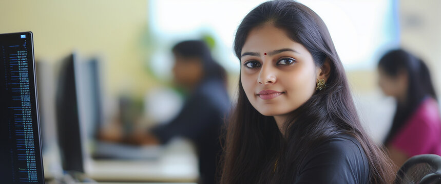 Young Indian woman coding in Python at her desk in a busy workspace, showcasing focus, productivity, and modern technology in a dynamic work environment