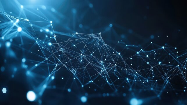 Abstract digital network with glowing lines and dots in blue tones.