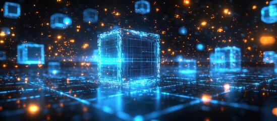 Fototapeta premium Data cube network, digital space, glowing particles, futuristic tech
