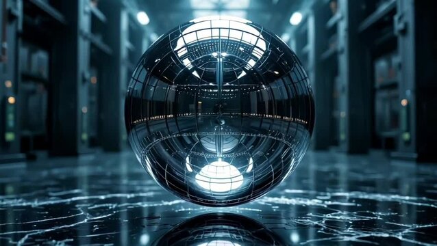 Futuristic Reflective Sphere in a High-Tech Server Room: Glowing Orb with Digital Patterns and Advanced Technology Vibes. Looping video, digital background. - Powered by Adobe