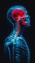 Futuristic x-ray style 3D rendering of a human skeleton in profile with a glowing red brain and detailed spine structure.