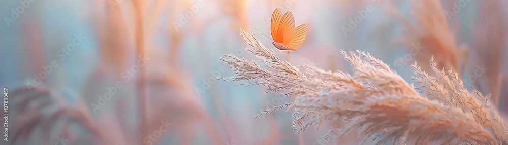 Poster a delicate orange butterfly rests on soft, feathery grass, creating a serene and tranquil atmosphere