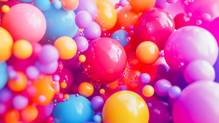 Vibrant abstract background featuring a lively jumble of rainbow-colored balloons, symbolizing joy