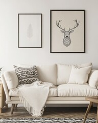 Minimalist living room with deer art print.