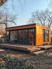 Obraz premium Cozy wooden house nestled amongst autumn leaves, bathed in warm sunlight. A peaceful, rustic scene