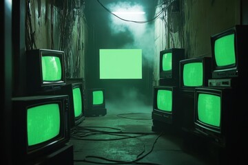 Atmospheric corridor filled with retro televisions emitting green screen glow and surrounded by eerie mist and hanging cables