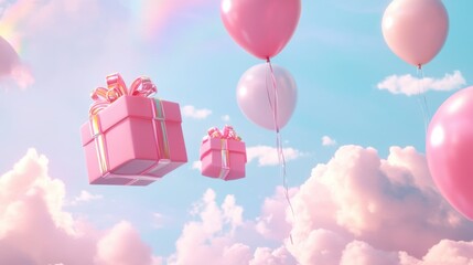 A Box flying on a parachute with pink cloud in valentine day,package flying down from sky and cloud with parachute, concept for delivery service,shopping online,air delivery service.