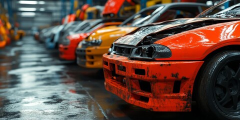 Fototapeta premium Damaged Cars For Sale, Wrecked Vehicles in Junkyard, Total Loss Auction, Beyond Repair