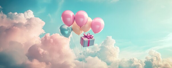 Fototapeta premium A Box flying on a parachute with pink cloud in valentine day,package flying down from sky and cloud with parachute, concept for delivery service,shopping online,air delivery service.