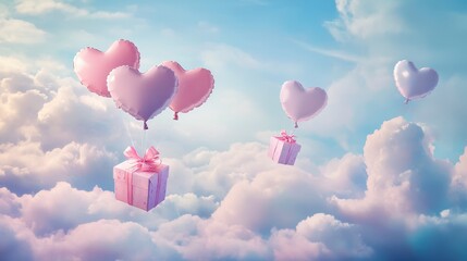 Fototapeta premium A Box flying on a parachute with pink cloud in valentine day,package flying down from sky and cloud with parachute, concept for delivery service,shopping online,air delivery service.