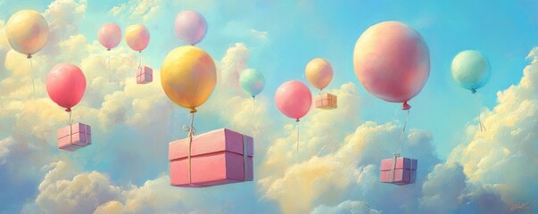Naklejka premium A Box flying on a parachute with pink cloud in valentine day,package flying down from sky and cloud with parachute, concept for delivery service,shopping online,air delivery service.