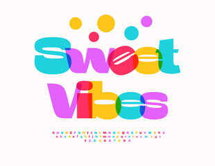 Vector Joyful emblem Sweet Vibes for Cafe and Bistro. Transparent Colorful Font. Festive Watercolor Alphabet Letters and Numbers set.
