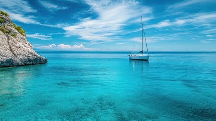 Fototapeta premium A sailboat floats peacefully on calm turquoise colored ocean water