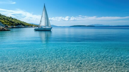 A sailboat glides peacefully on clear turquoise ocean waters under a sunny sky